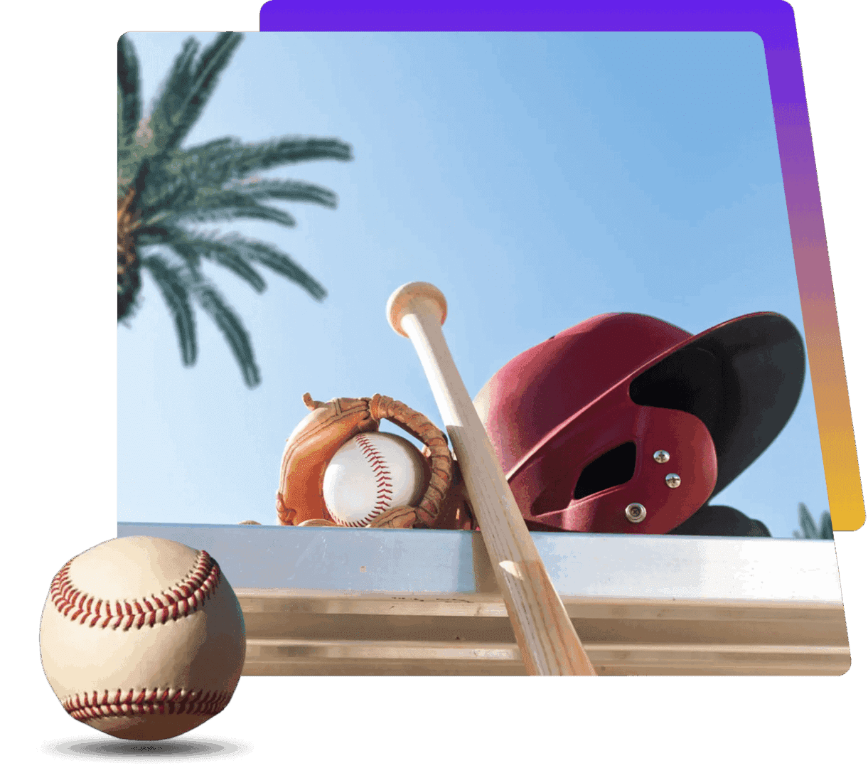 Baseball gear including a ball, bat, helmet, and glove on a wooden surface.