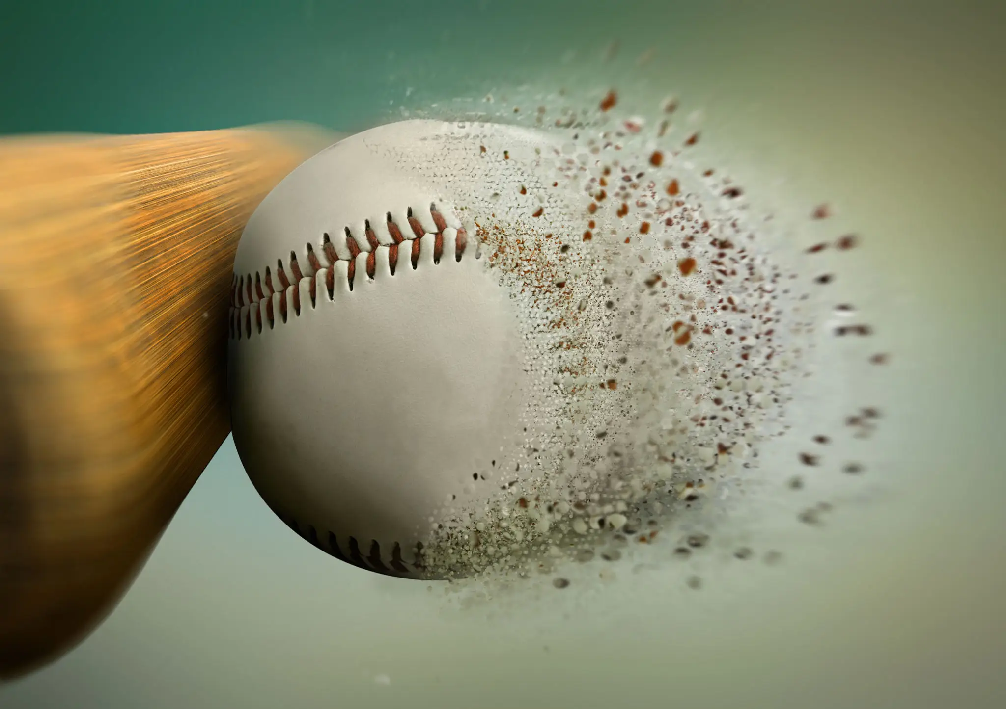 A baseball hitting a bat, breaking apart into particles.