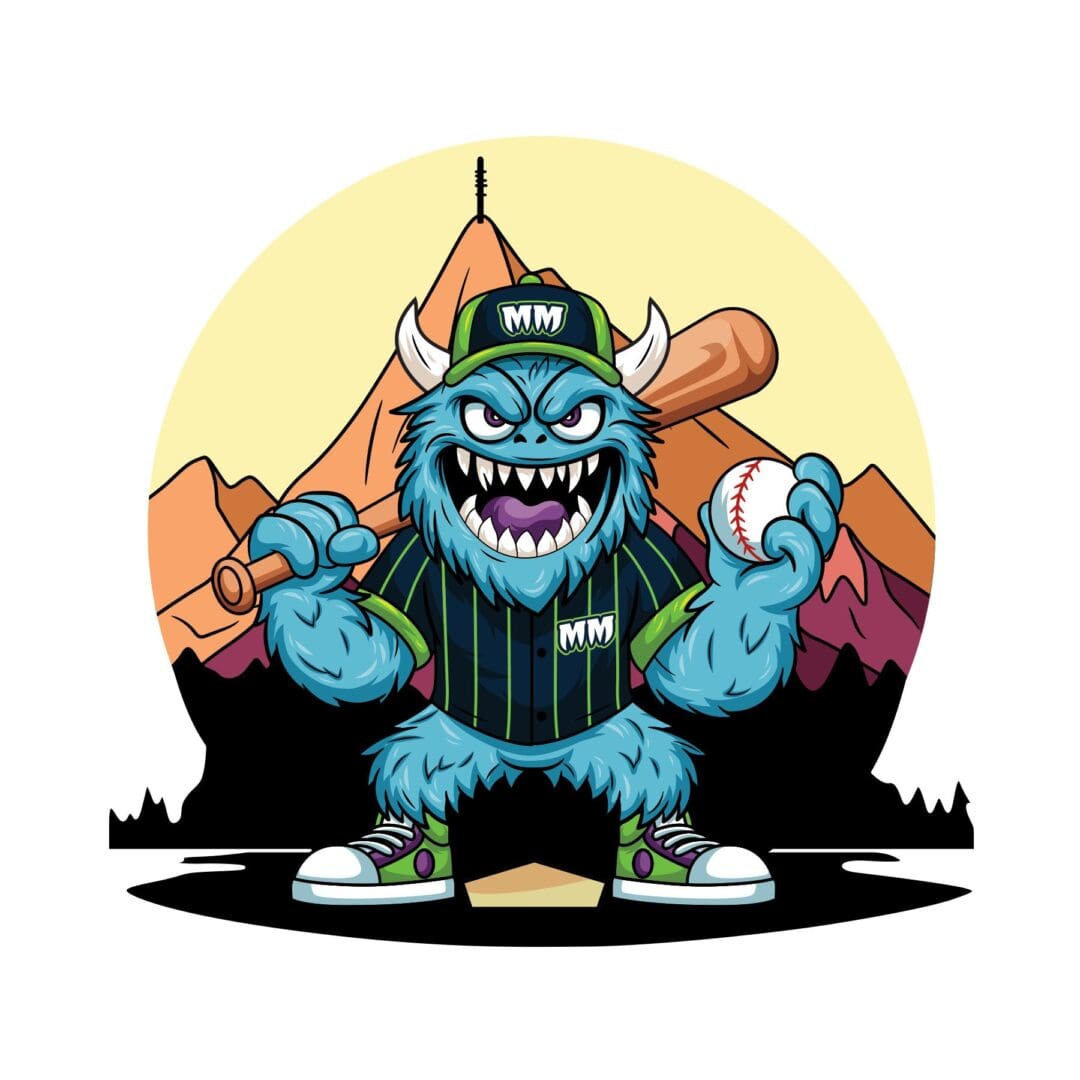 A fierce blue monster wearing a baseball uniform and holding bats.